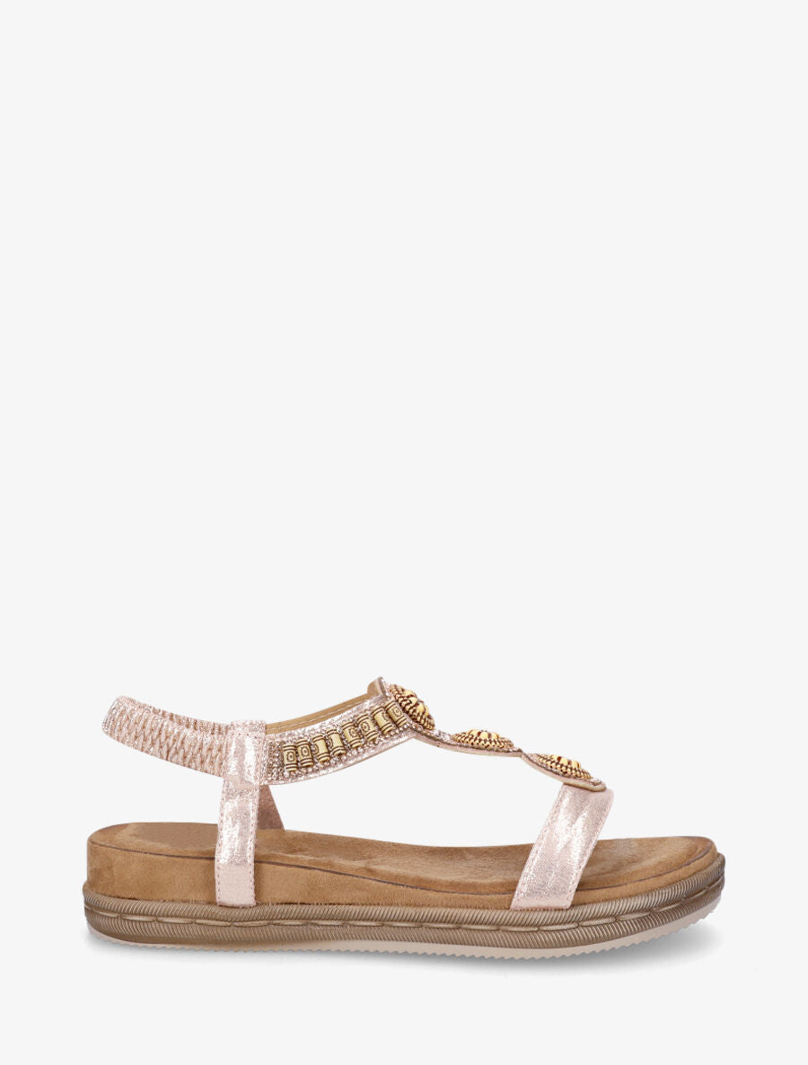 Nu-pieds à empiècement strass et perles en bois - Doré rose - 1