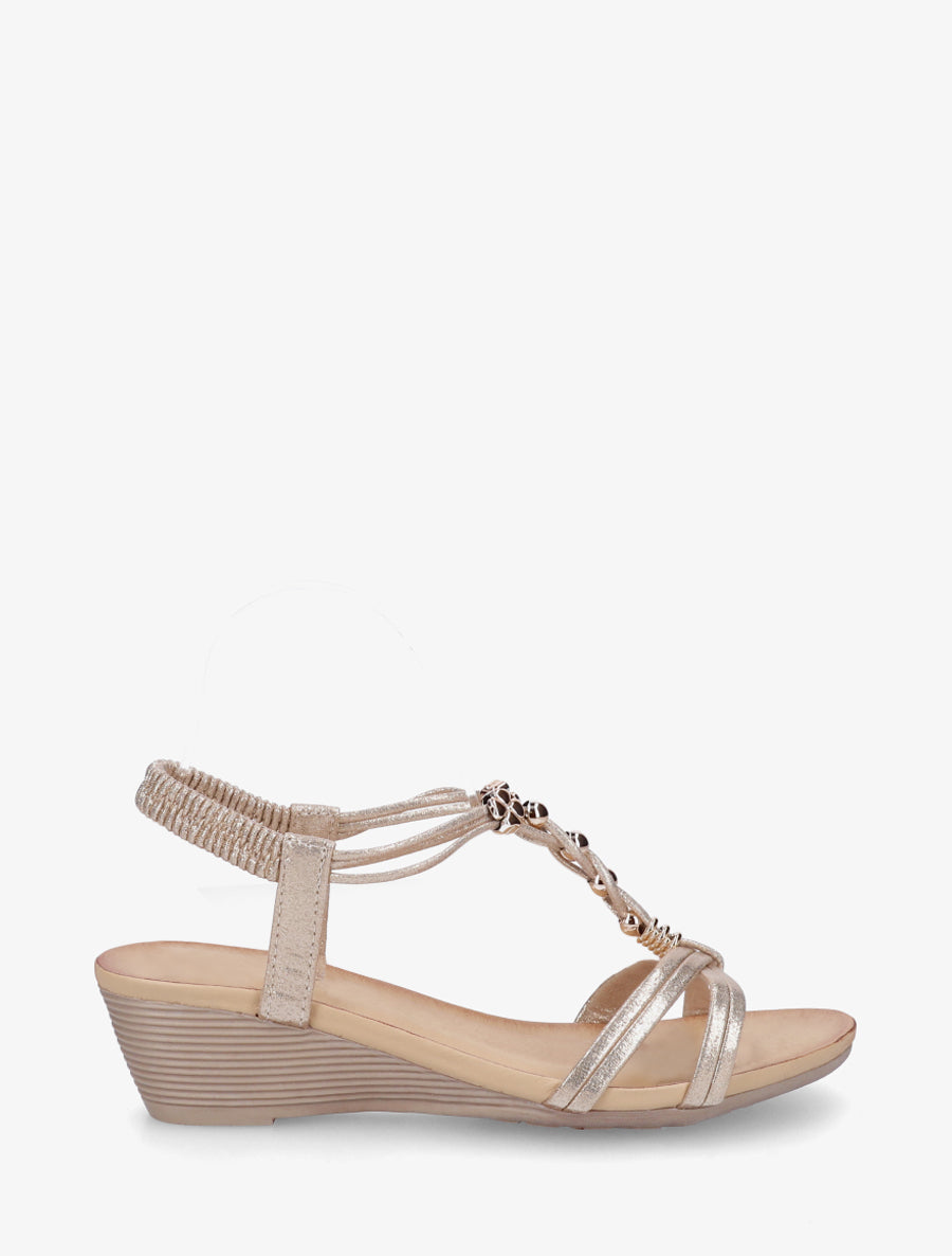 Sandales compensées à perles et bijoux - Or - 1