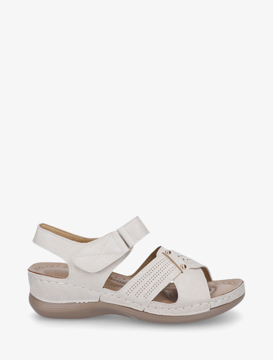 Sandales croisées à scratch - Beige - 1