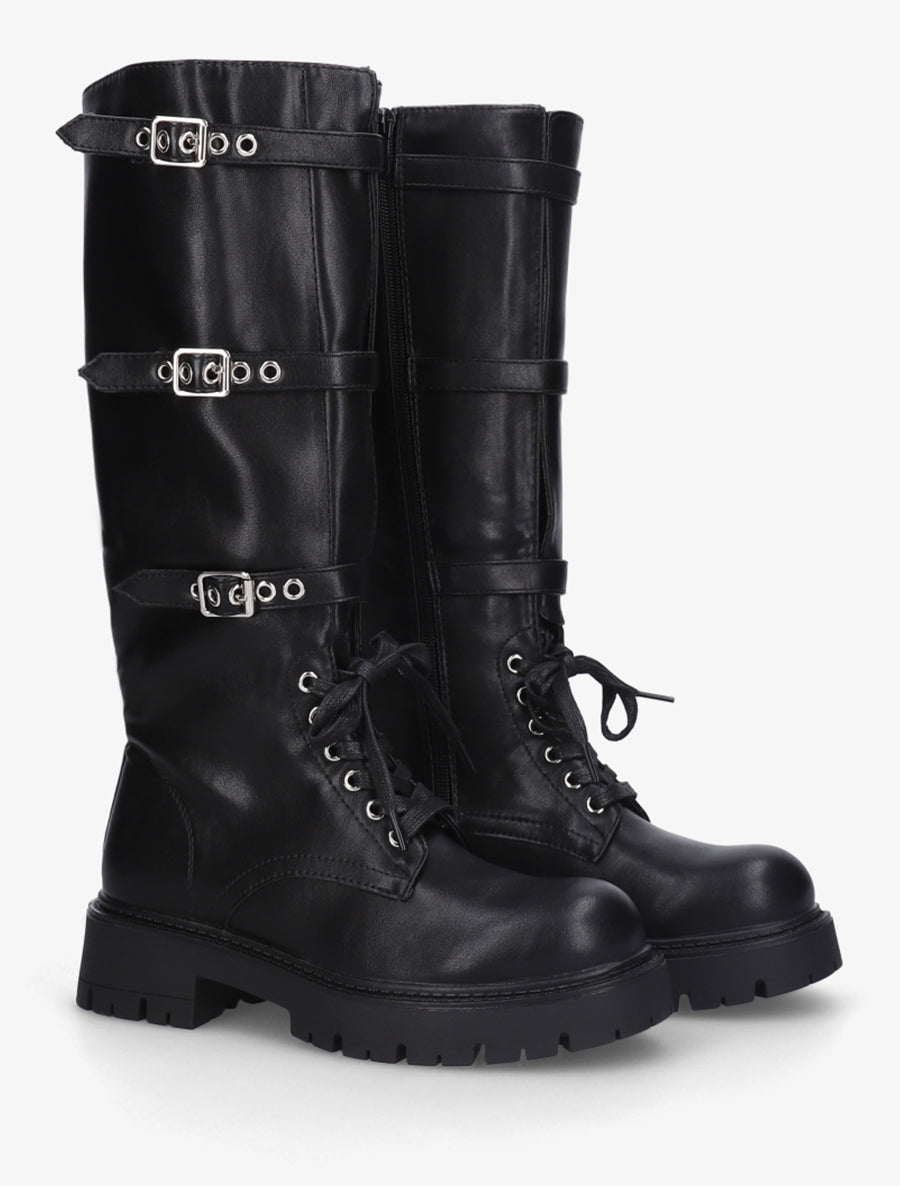 Bottes en simili à triple sangles - Noir - 4