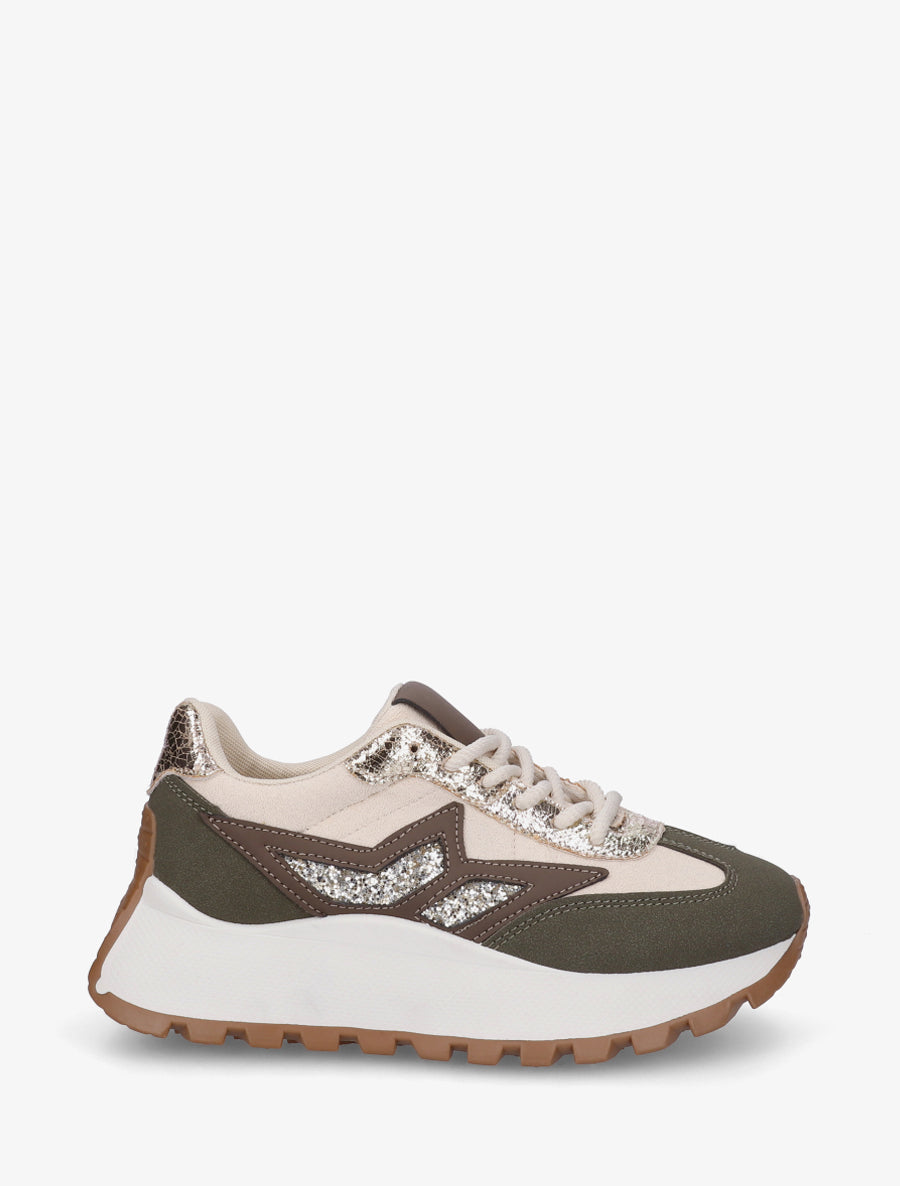 Baskets bi-matière à semelle épaisse - Kaki - 1