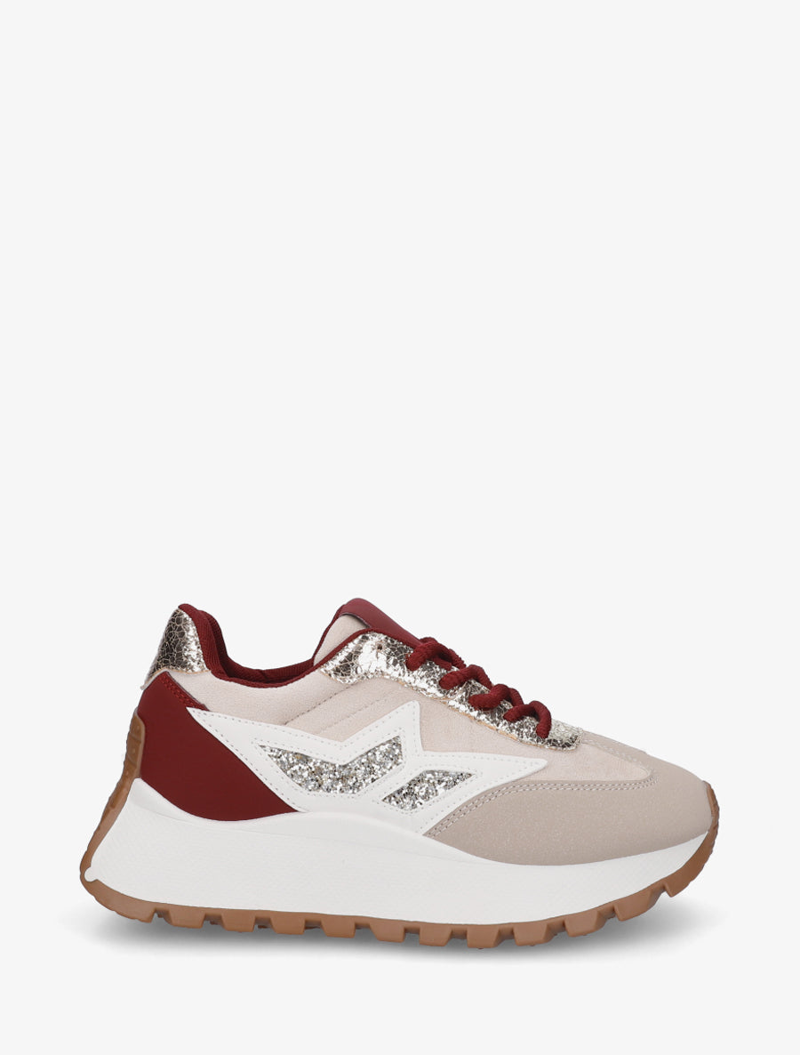 Baskets bi-matière à semelle épaisse - Bordeaux - 1