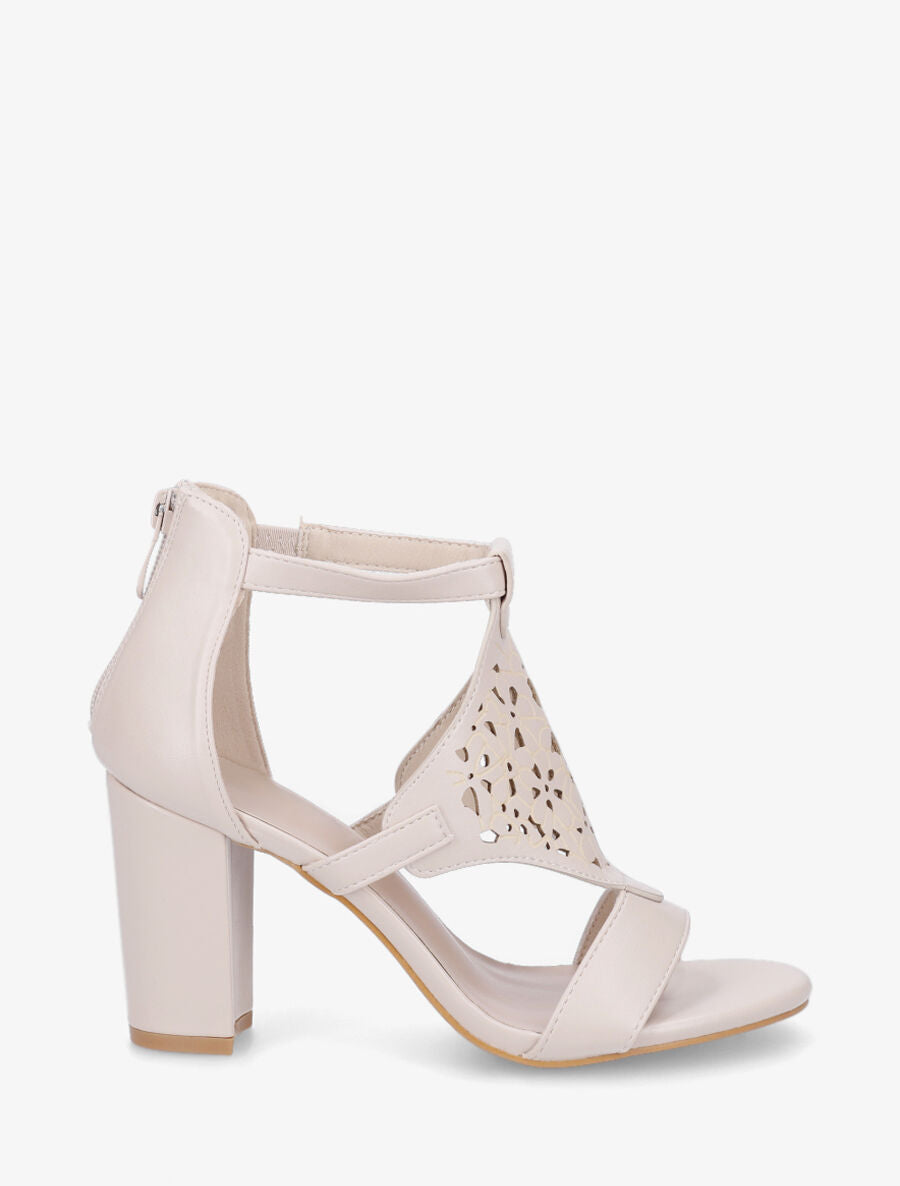 Sandales en simili à bride ajourée motif fleuri - Beige - 1