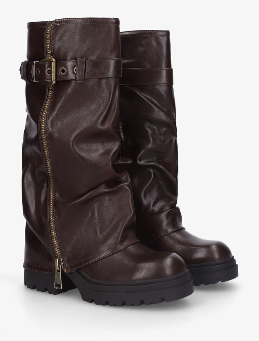 Bottes à revers effet froissé - Marron - 4