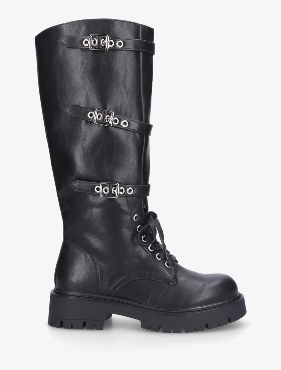 Bottes en simili à boucles et lacets - Noir - 1