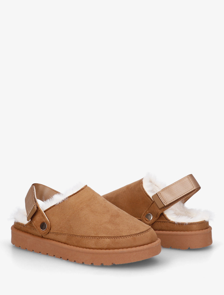 Mules fourrées en suédine - Camel - 4
