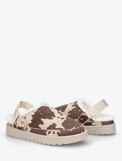 Mules fourrées en suédine imprimé vache - Beige - 4