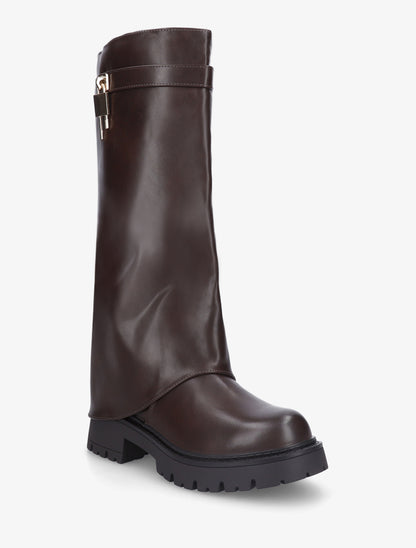 Bottes à revers et empiècement cadenas - Marron - 2