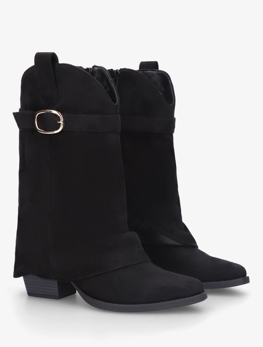 Bottines en suédine à revers et ceinturon - Noir - 4