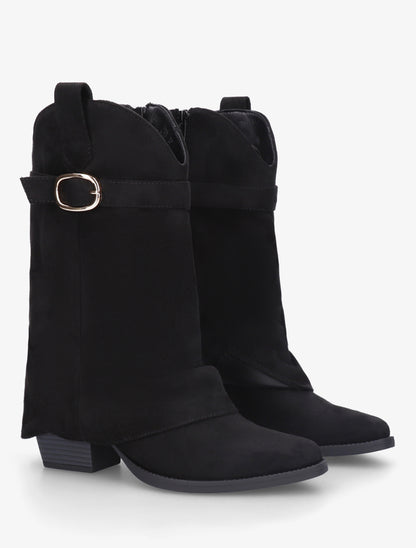 Bottines en suédine à revers et ceinturon - Noir - 4