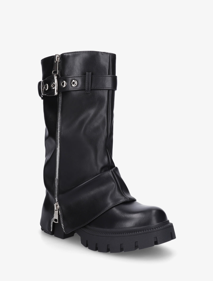 Bottines à revers et zip décoratif en simili - Noir - 2
