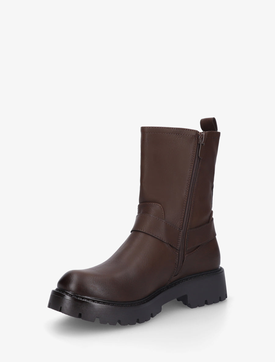 Bottines en simili à bout rond et sangle - Marron - 3