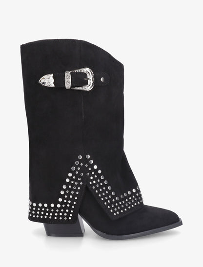 Bottines à revers cloutées en suédine - Noir - 1