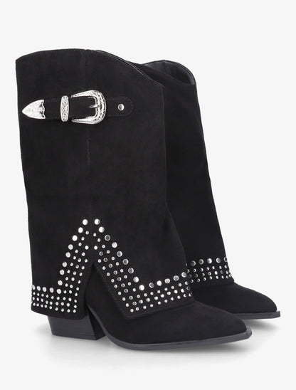 Bottines à revers cloutées en suédine - Noir - 4