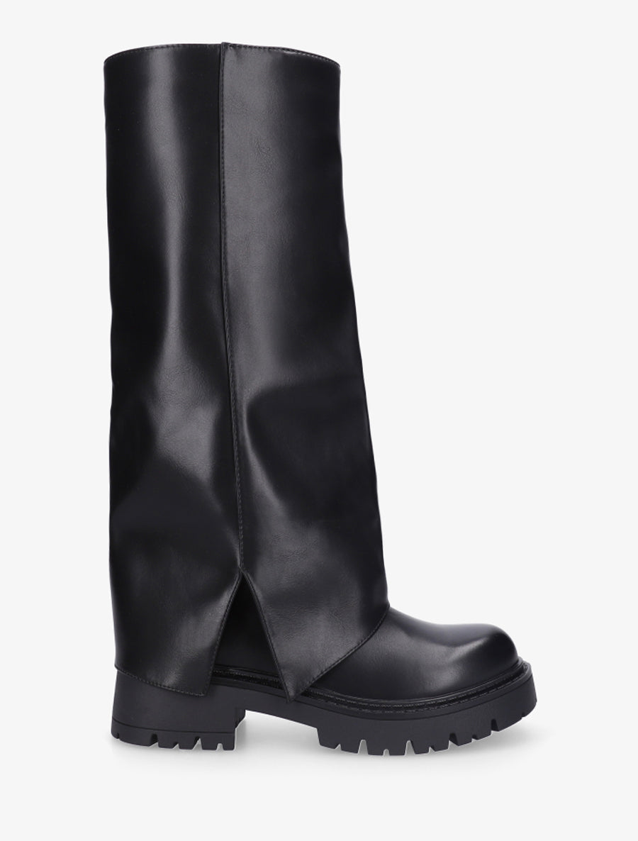 Bottes à revers et bout rond en simili - Noir - 1