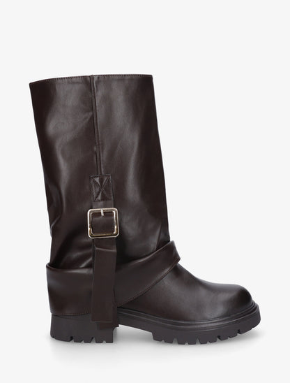 Bottines à revers et sanglées en simili - Marron - 1