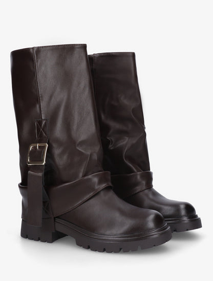 Bottines à revers et sanglées en simili - Marron - 4
