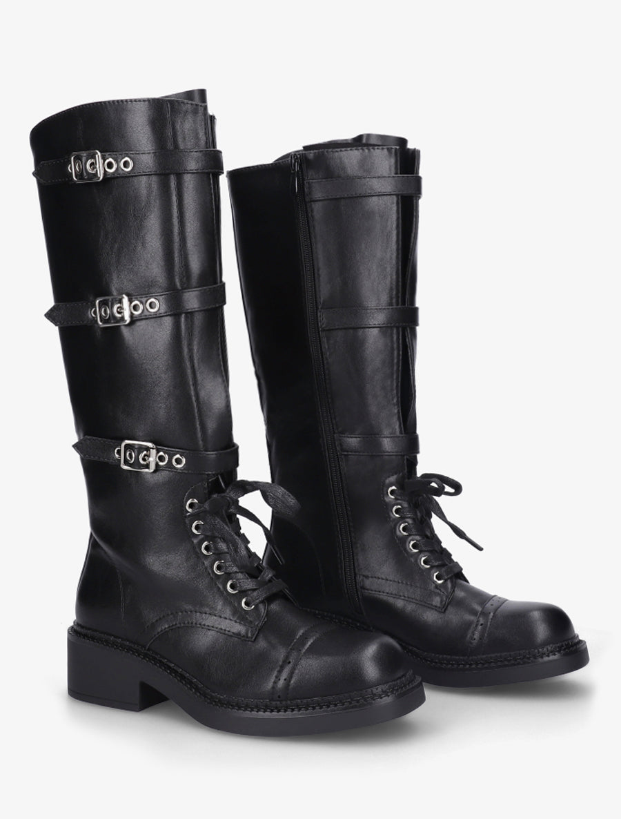 Bottes à lacets et triple sangles en simili - Noir - 4