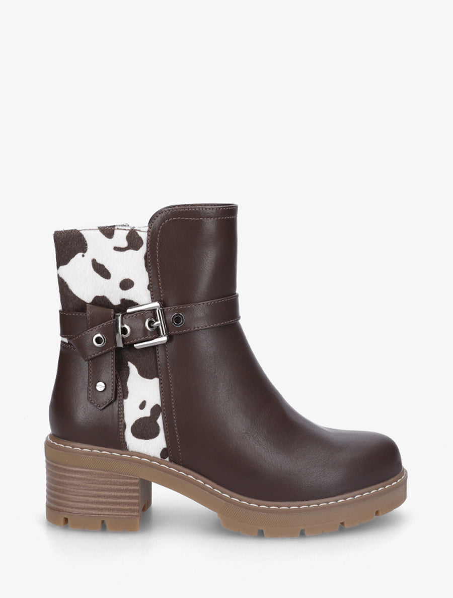 Bottines en simili à détail imprimé vache - Marron - 1