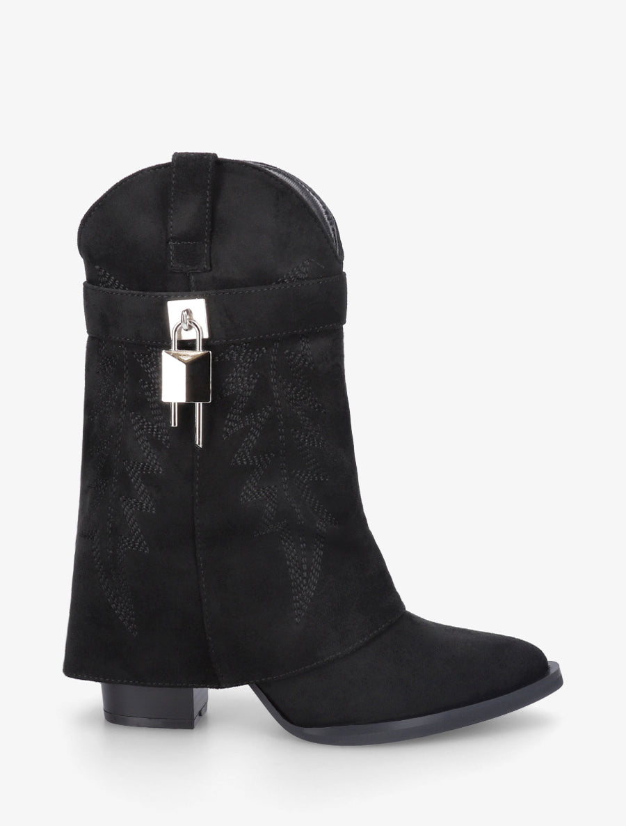 Bottines style santiags brodées à cadenas - Noir - 1