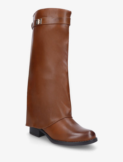 Bottes plates à revers et empiècement métal - Camel - 2