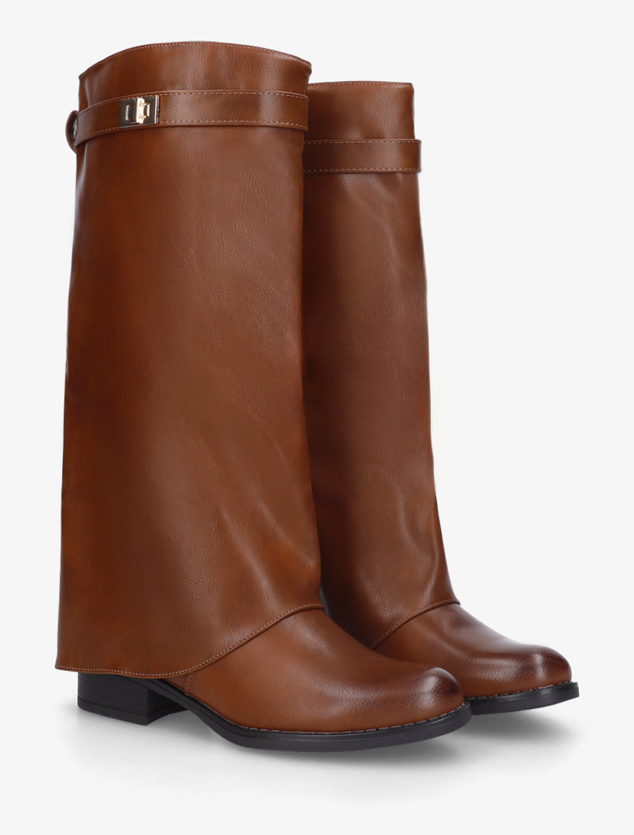Bottes plates à revers et empiècement métal - Camel - 4