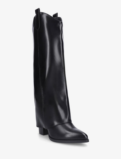 Bottes à talon et revers en simili - Noir - 2