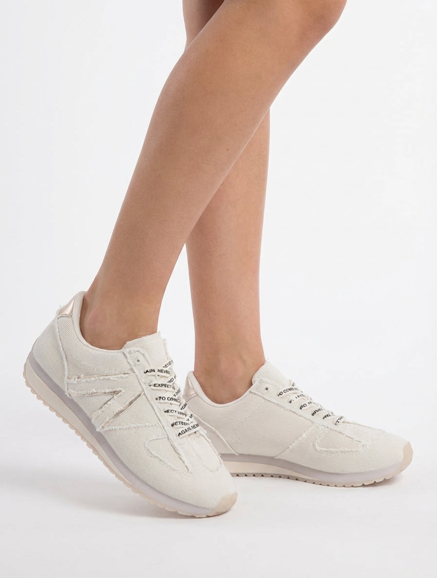 Sneakers van stof met gevlockte veters - Beige