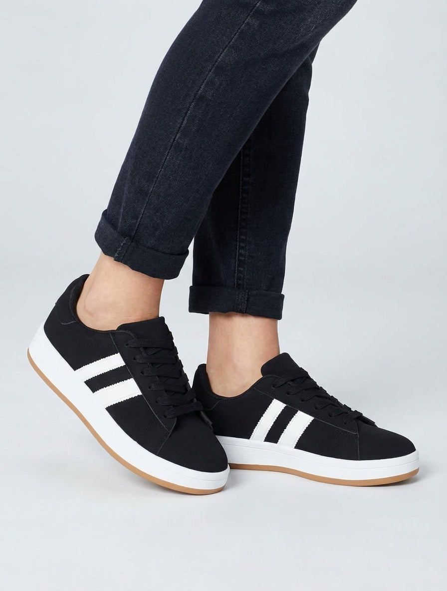 Sneakers in nubucklook met contrasterende banden - Zwart