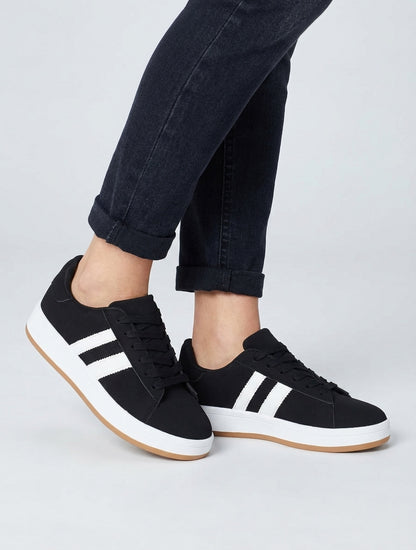 Sneakers in nubucklook met contrasterende banden - Zwart