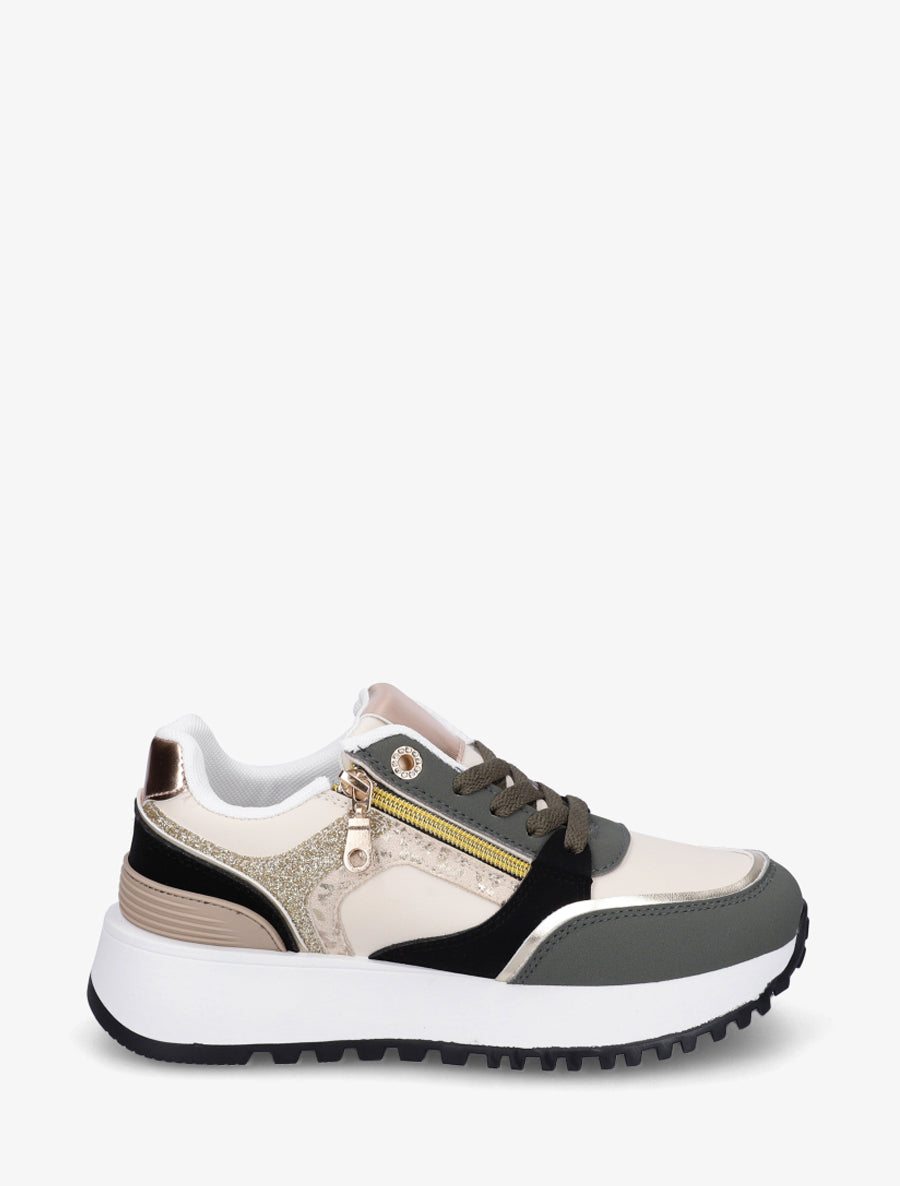 Sneakers à zip décoratif et bandes dépareillés - Kaki - 1