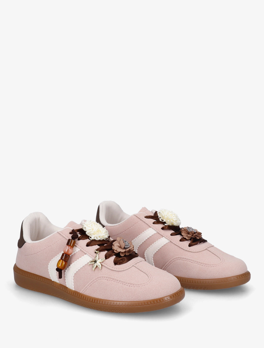 Sneakers à empiècement fleurs et perles en bois - Vieux rose - 4