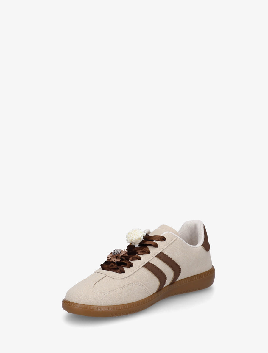 Sneakers à empiècement fleurs et perles en bois - Beige - 3