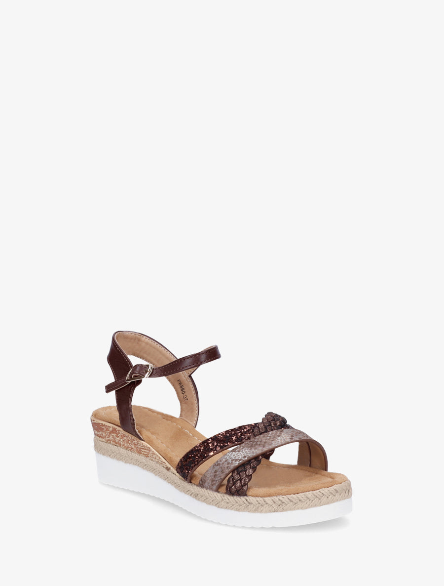 Sandales compensées à brides fantaisies pailletées - Marron - 2