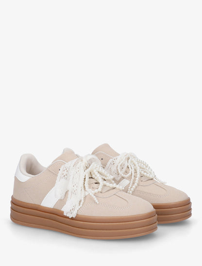 Sneakers effet nubuck à lacets stylisés - Beige - 4