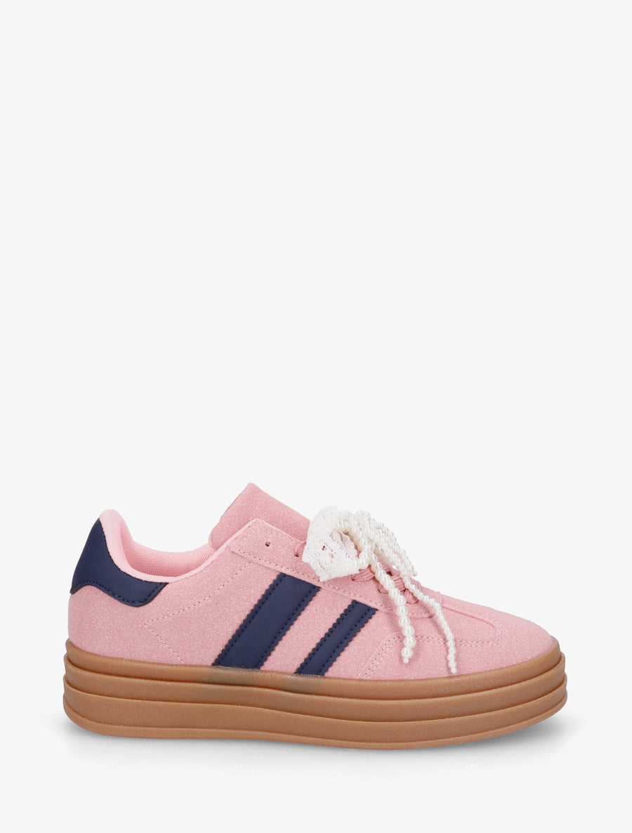 Sneakers effet nubuck à lacets stylisés - Rose - 1