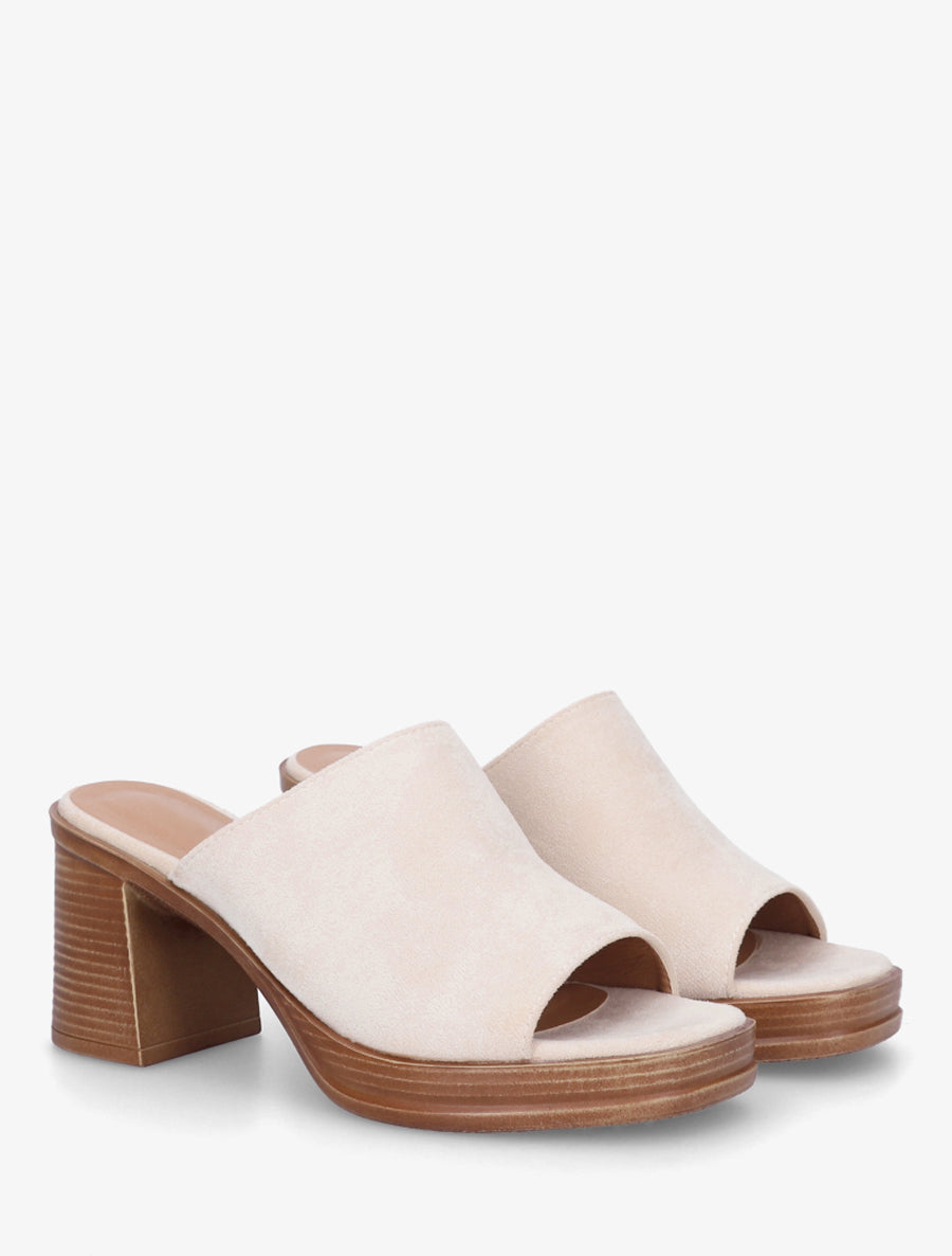 Mules en suédine à talon carré - Beige - 4