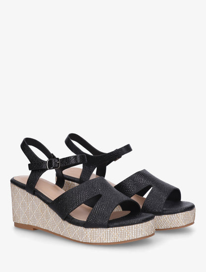 Sandales effet python à talon compensé - Noir - 4