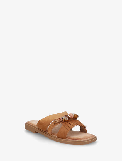 Mules en suédine à franges et perles - Camel - 2