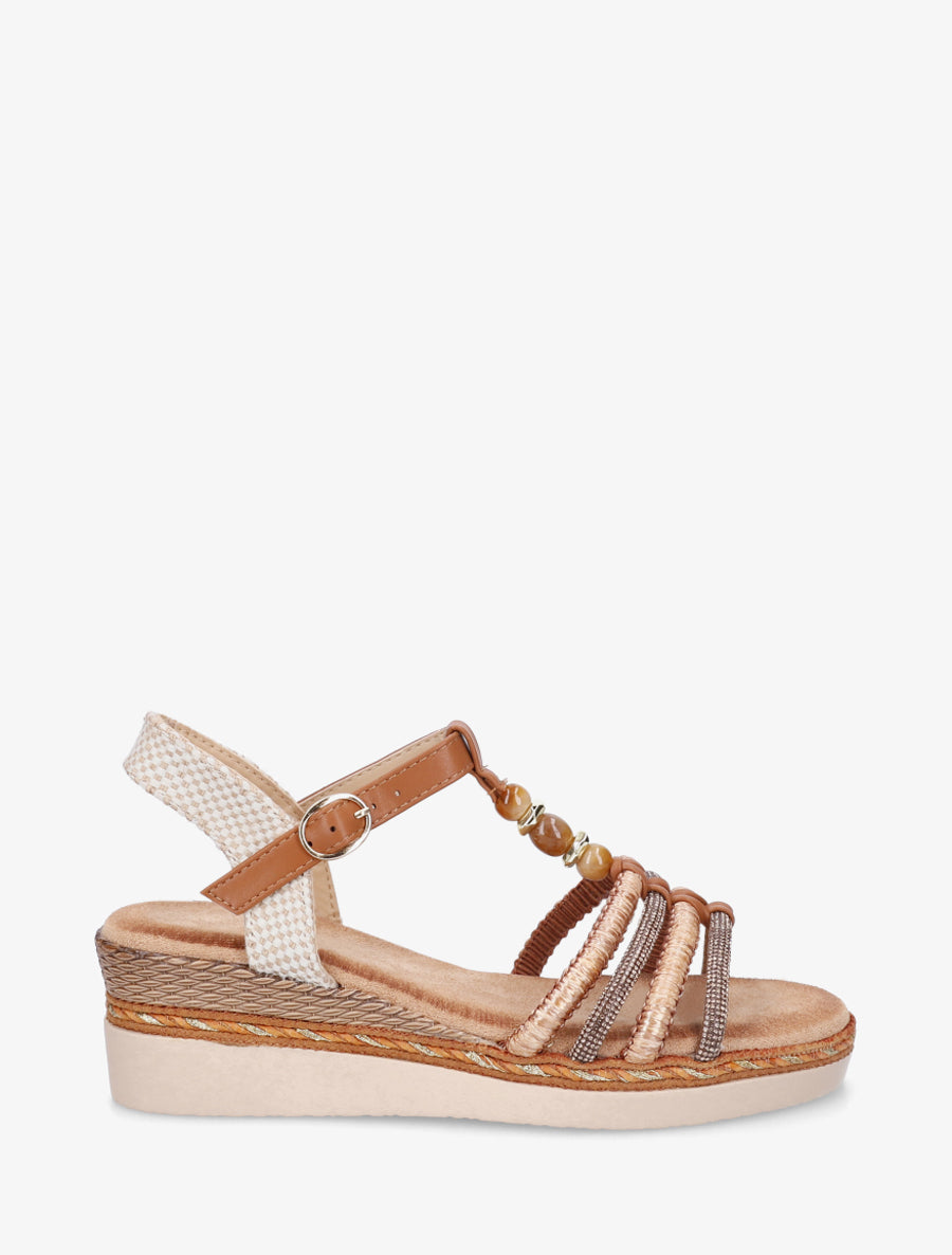 Sandales à brides tressées et strassées - Camel - 1