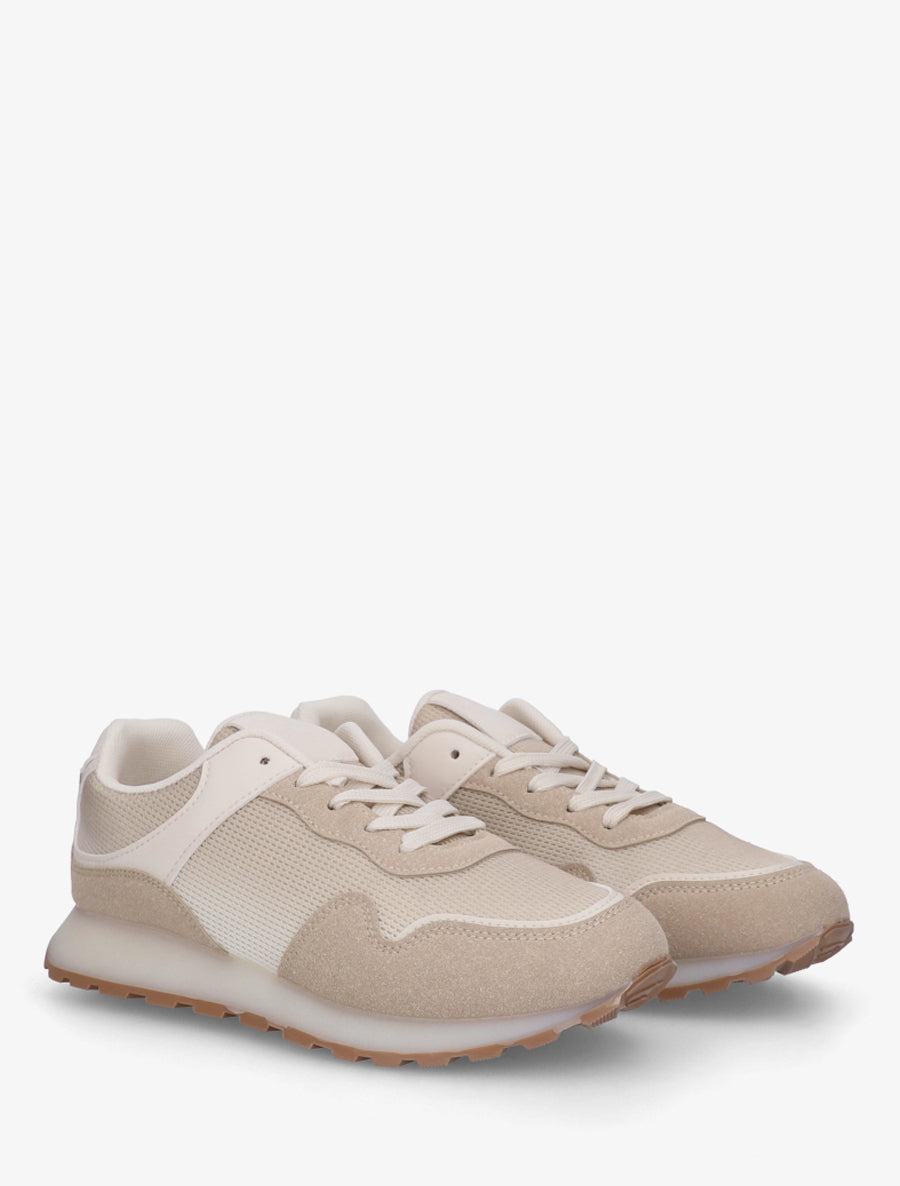 Sneakers bi-matière à semelle épaisse - Beige - 4