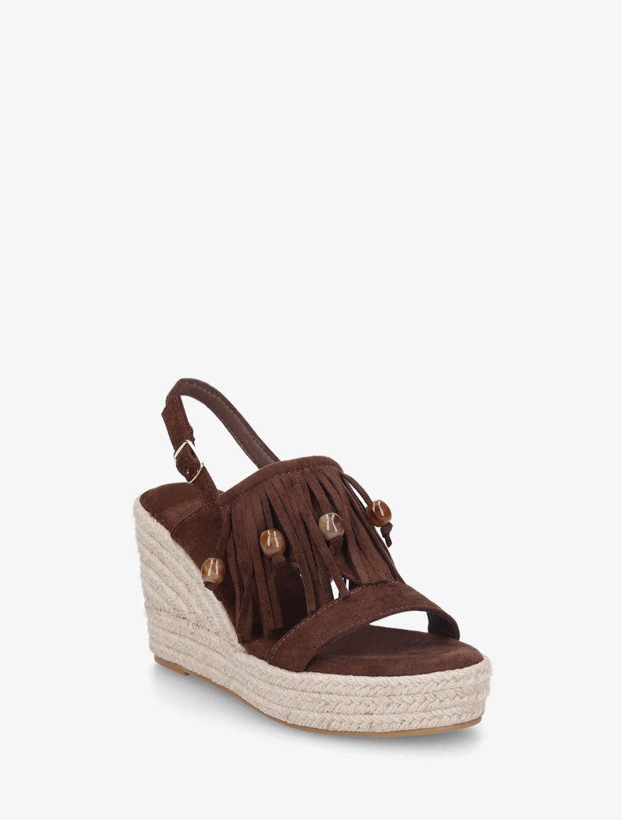 Sandales compensées à franges en suédine - Marron - 2
