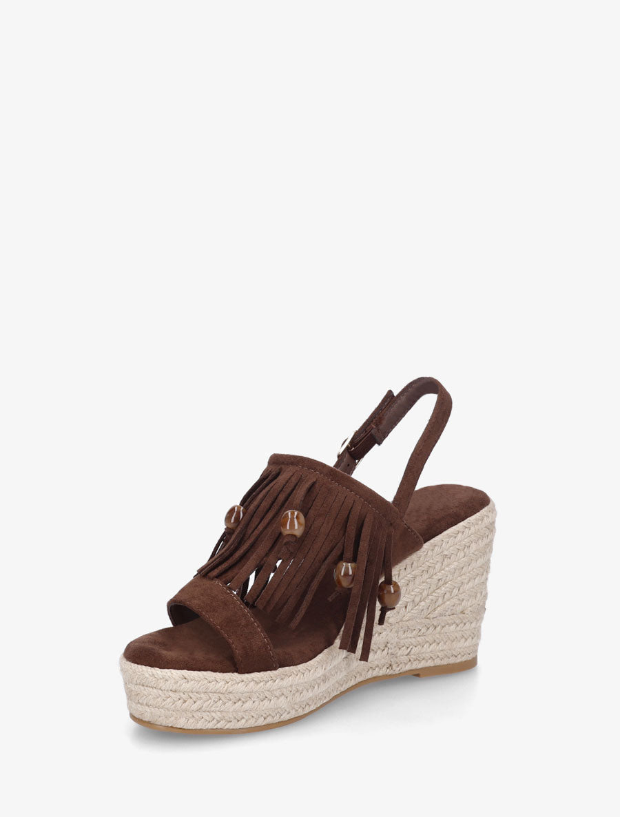Sandales compensées à franges en suédine - Marron - 3