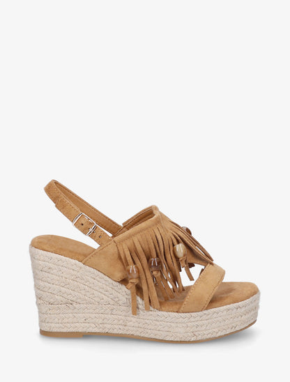 Sandales compensées à franges en suédine - Camel - 1