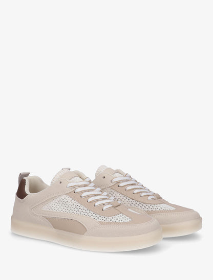 Sneakers en suédine et tissu ajouré - Beige - 4