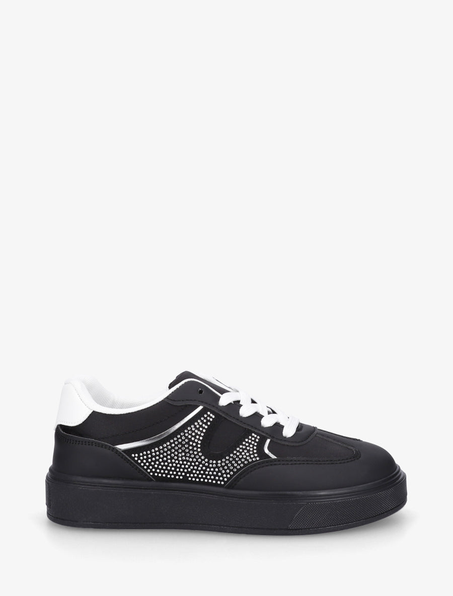 Baskets en simili et tissu satiné à strass - Noir - 1