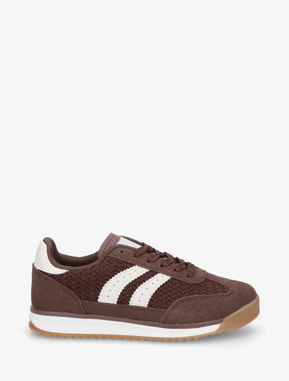 Platte sneakers met strepen en contrasterende hielkap. - Bruin