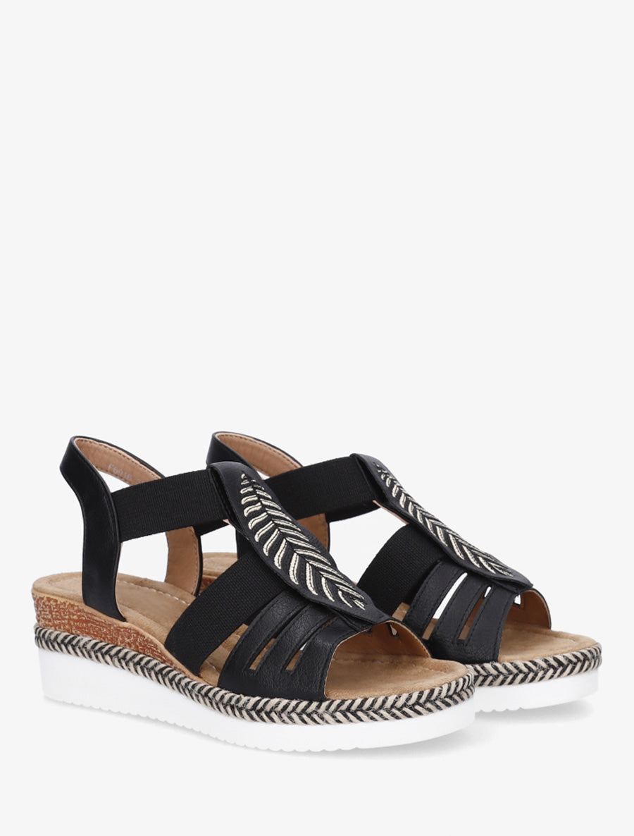 Sandales compensées à motif feuille - Noir - 4