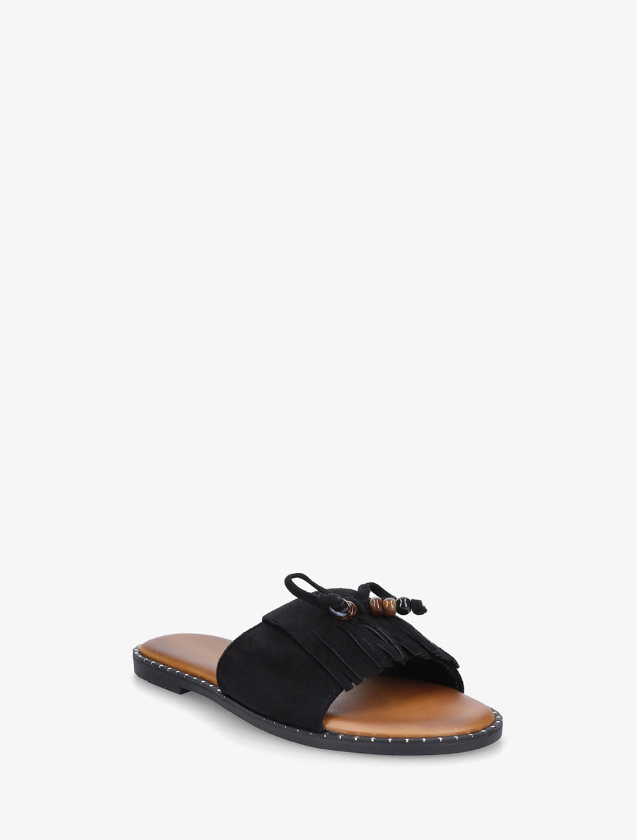 Mules plates à franges et perles en suédine - Noir - 2