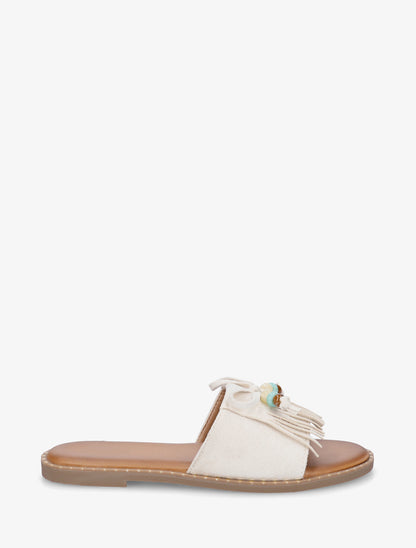 Mules plates à franges et perles en suédine - Beige - 1